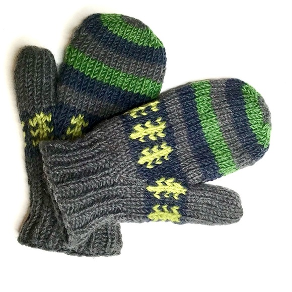 Cozy Dark Gray Knitted Mittens with Bright Green, Yellow and Navy Blue Stripes - Picture 2 of 4